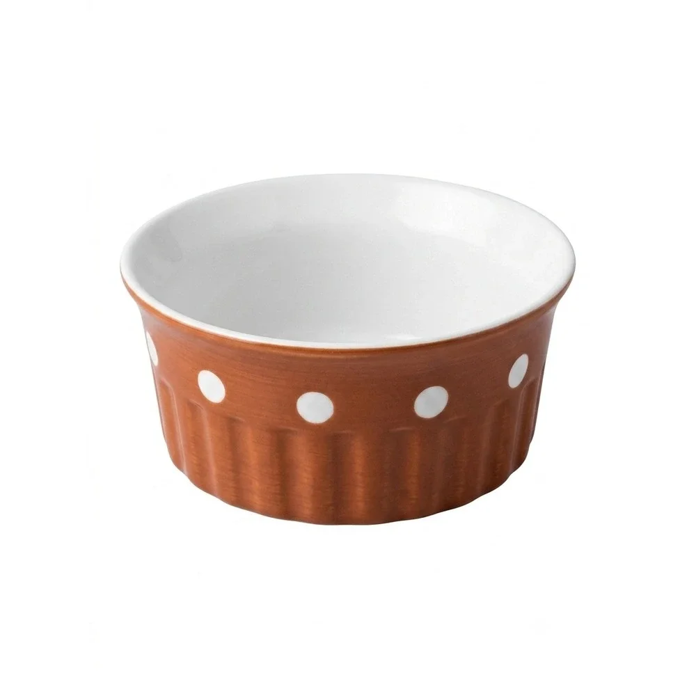 Savinio Designs Brown White Polka Dot Fluted Stoneware Ramekin Small Baking Bowl